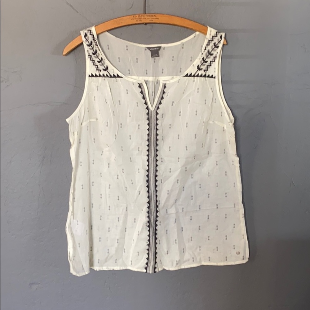 Eddie Bauer White Sleeveless Embroidered Tank Top with Black Trim